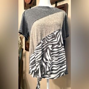 Vanilla Star mixed zebra/camo short sleeve top; front tie; Medium; distressed
